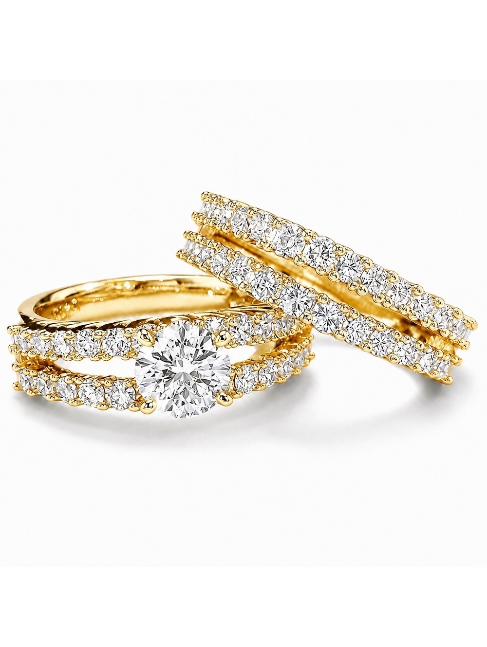 14k Gold-Plated CZ Double Row Stackable Wedding Engagement Ring 2-piece Set